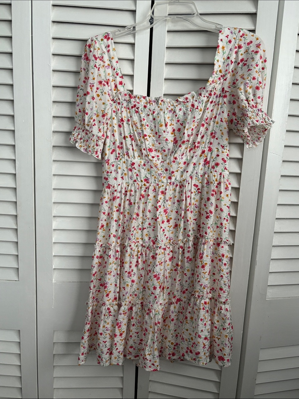 White Floral Tiered Midi Dress with Pink & Yellow Blooms Medium